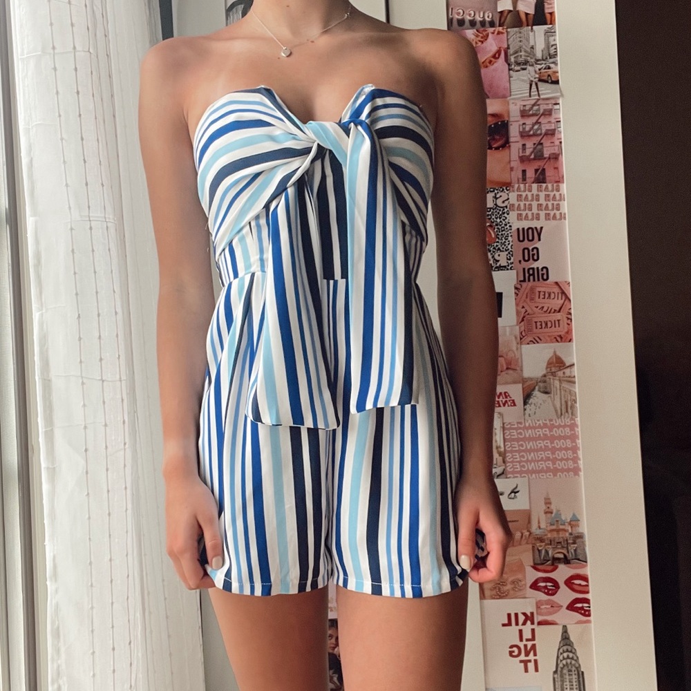 Blue striped Do+Be strapless romper